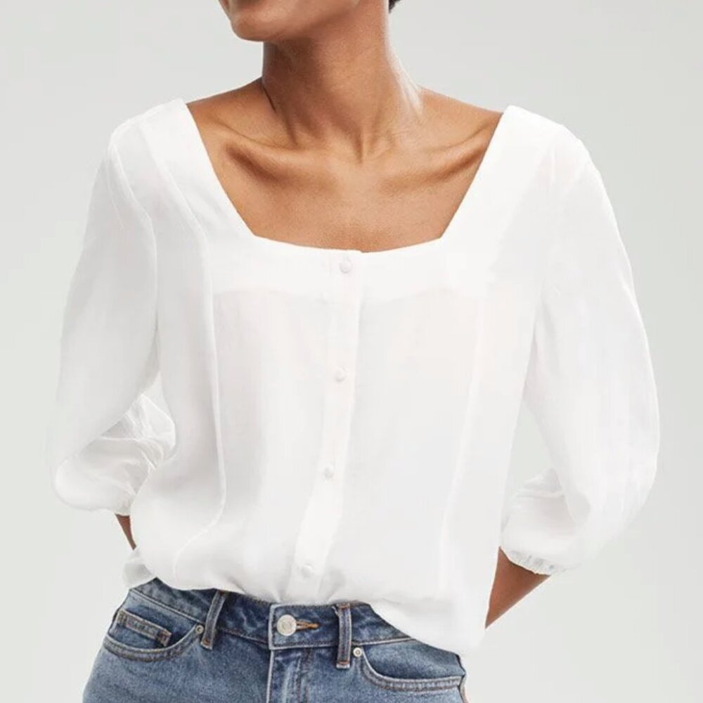 RW&Co 3/4 Puffy Sleeve Square-Neck Button Down Blouse